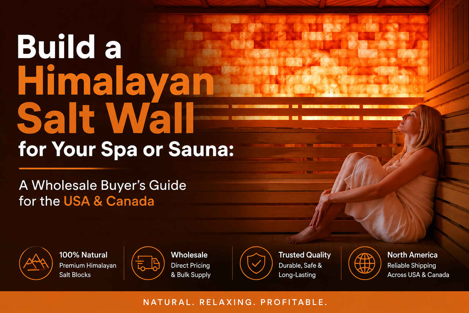 Himalayan salt wall sauna banner with warm glowing salt bricks and relaxing spa setting, wholesale buyer guide for USA and Canada